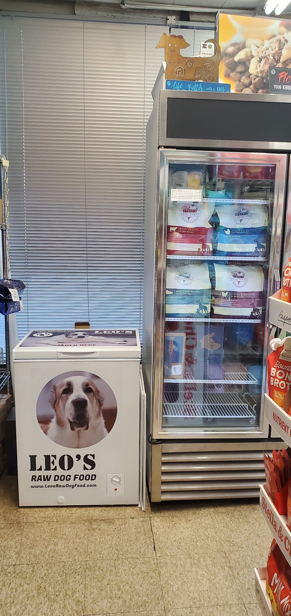 Leo's Raw Dog Food chest freezer beside Steve's Real Food upright display freezer